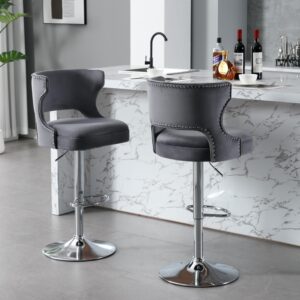 ABET Adjustable Bar Stools Set of 2, Velvet Swivel Counter Barstools with Hollow Back Footrest Soft Upholstered Bar Chairs for Kitchen Island Dining Room Home Bar Bistro, Grey, Chrome Base