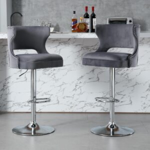 ABET Adjustable Bar Stools Set of 2, Velvet Swivel Counter Barstools with Hollow Back Footrest Soft Upholstered Bar Chairs for Kitchen Island Dining Room Home Bar Bistro, Grey, Chrome Base