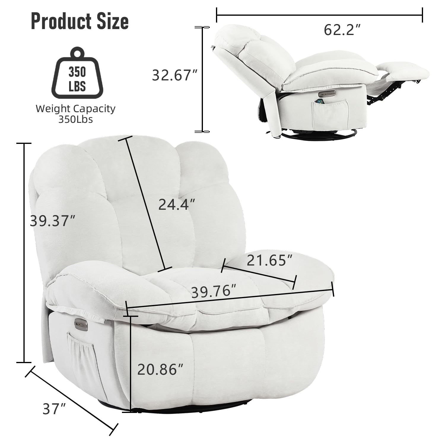 EDWELL Power Recliner Chair, Swivel Recliner Chair with Massage and Heated, Infinite Position, Electric Rocking Glider Reclining Sofa with USB, USB-C Ports for Living Room (White)