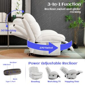 EDWELL Power Recliner Chair, Swivel Recliner Chair with Massage and Heated, Infinite Position, Electric Rocking Glider Reclining Sofa with USB, USB-C Ports for Living Room (White)