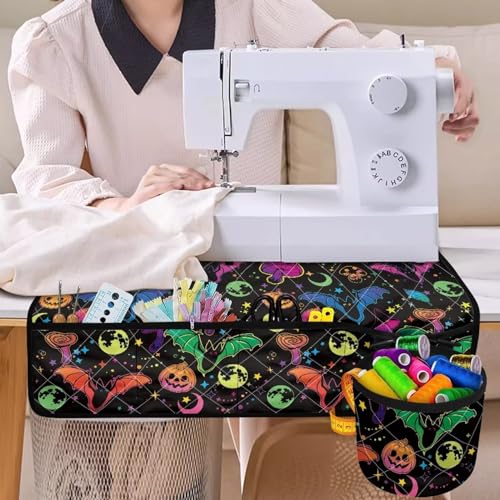 HUISEFOR Halloween Bat Sewing Machine Pad for Table with Pockets, Hippie Sewing Machine Pad Reduce Vibration Waterproof Sew Machine Pad to Reduce Noise