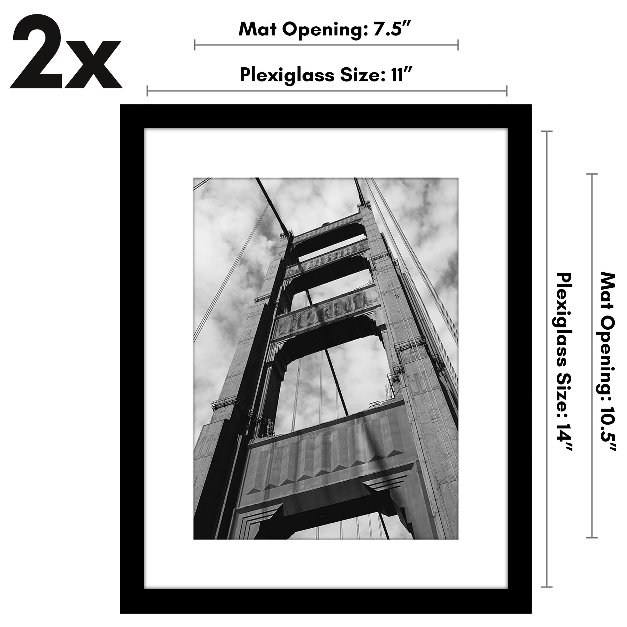 Americanflat 11x14 Picture Frame with Polished Plexiglass - Set of 2 - Use as 8x11 Frame with Mat or 11x14 Frame Without Mat - Galleria Collection - Gallery Wall Frame Set for Wall Display - Black