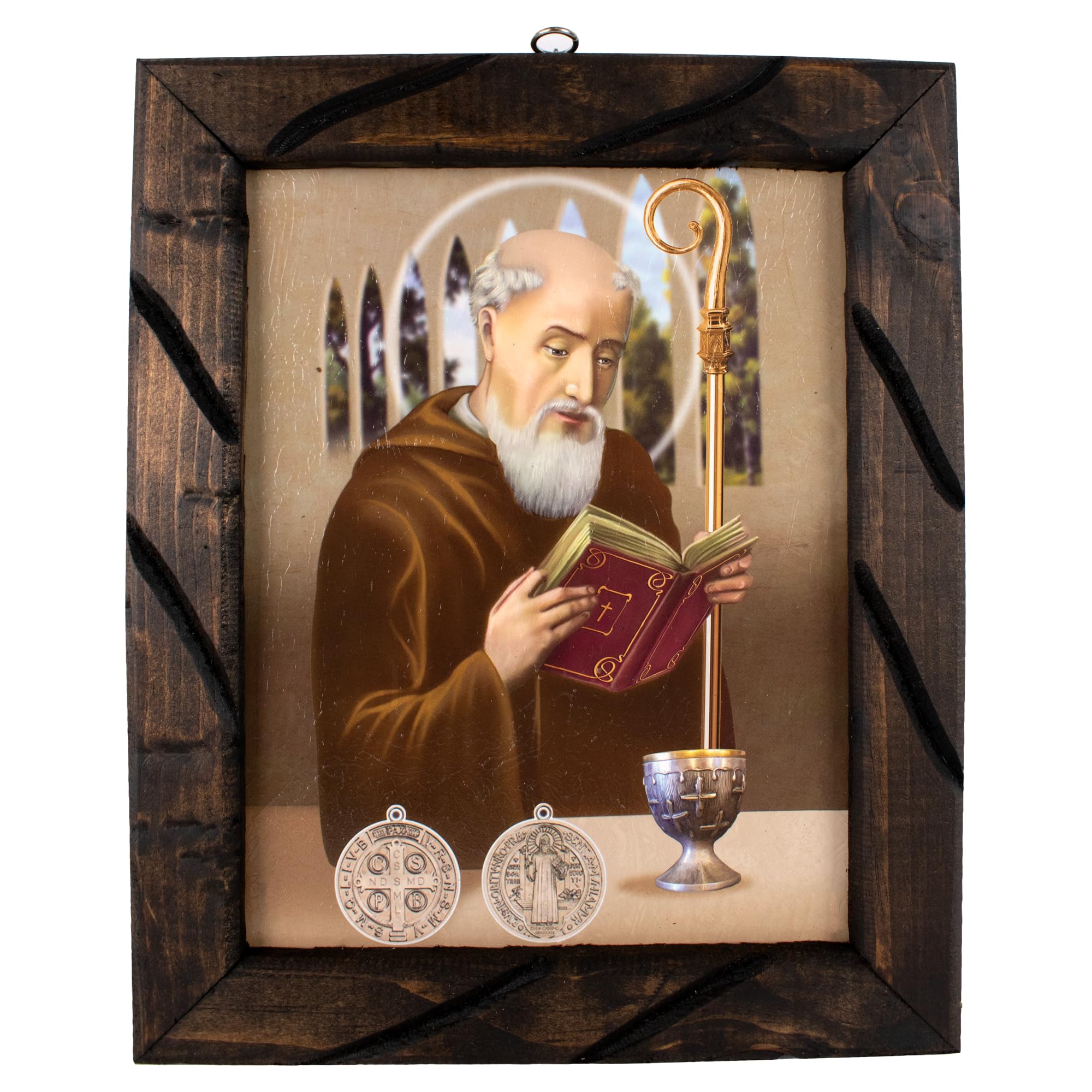 DVDMATINEMOVIES - St. benedict Oil painting, Special Wooden Rustic Frame 24" x 36", 13"x18", 10"x12" inches Saint Benedict Art, San Benito Cuadro rustico, Acrylic Coating, wall hang, wall decor, General Purposes (Small - 10"x12" Inches)