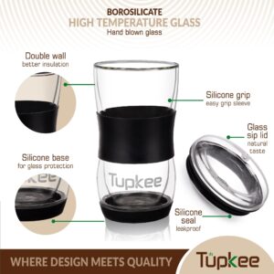 Tupkee 20 oz Double Wall Glass Tumbler With Lid – All Glass Reusable Insulated Hand Blown Glass Travel Mug - For Coffee, Tea, Boba, Iced Coffee, and Smoothie Cup To Go – Black