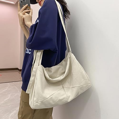 Aktudy Unisex Canvas Crossbody Bag Wide Adjustable Strap Casual Messenger Bag Versatile Solid Shoulder Bag Large Capacity Foldable Fashion Sling Bag