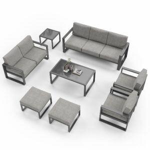 Green4ever Aluminum Patio Furniture Set, 8 Pieces Modern Outdoor Conversation Set All-Weather Metal Sectional Couch Sofa Upgraded Foam-Filled Cushions with Ottoman and Coffee Table (Grey)