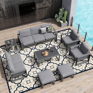 Green4ever Aluminum Patio Furniture Set, 8 Pieces Modern Outdoor Conversation Set All-Weather Metal Sectional Couch Sofa Upgraded Foam-Filled Cushions with Ottoman and Coffee Table (Grey)