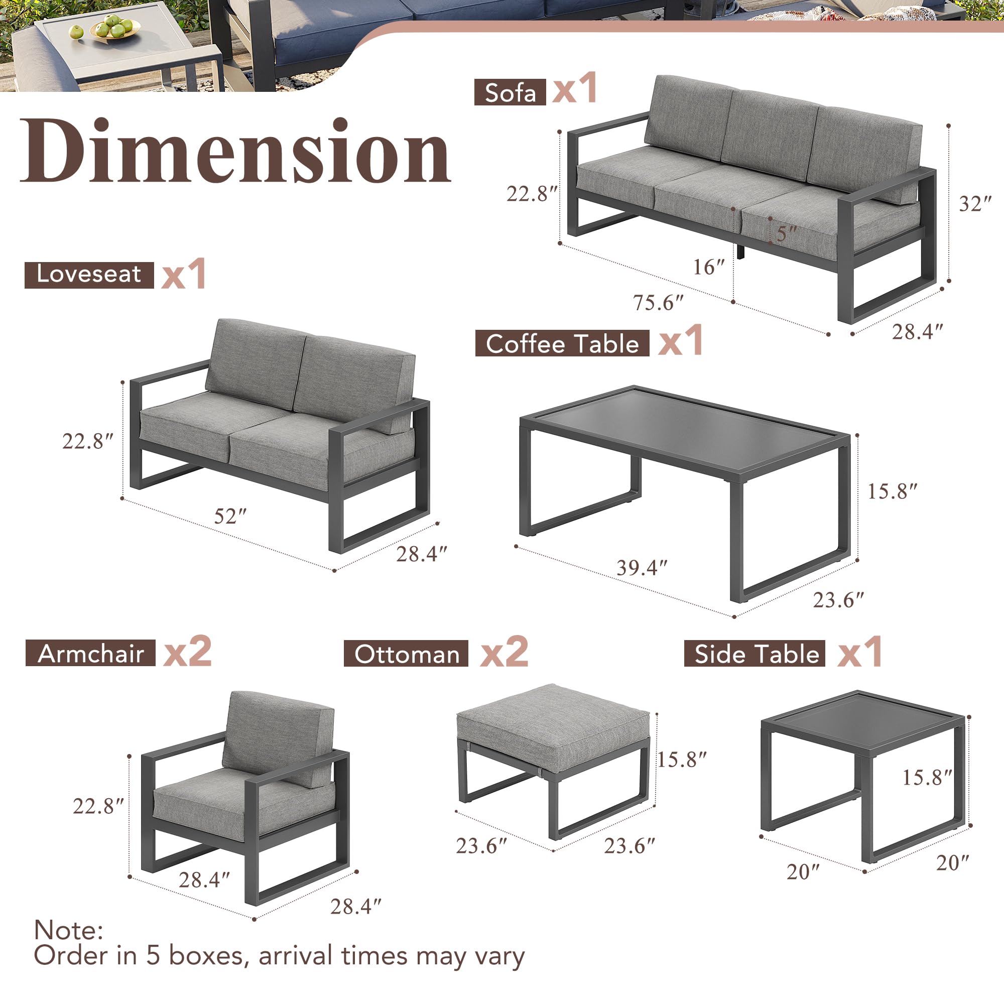 Green4ever Aluminum Patio Furniture Set, 8 Pieces Modern Outdoor Conversation Set All-Weather Metal Sectional Couch Sofa Upgraded Foam-Filled Cushions with Ottoman and Coffee Table (Grey)