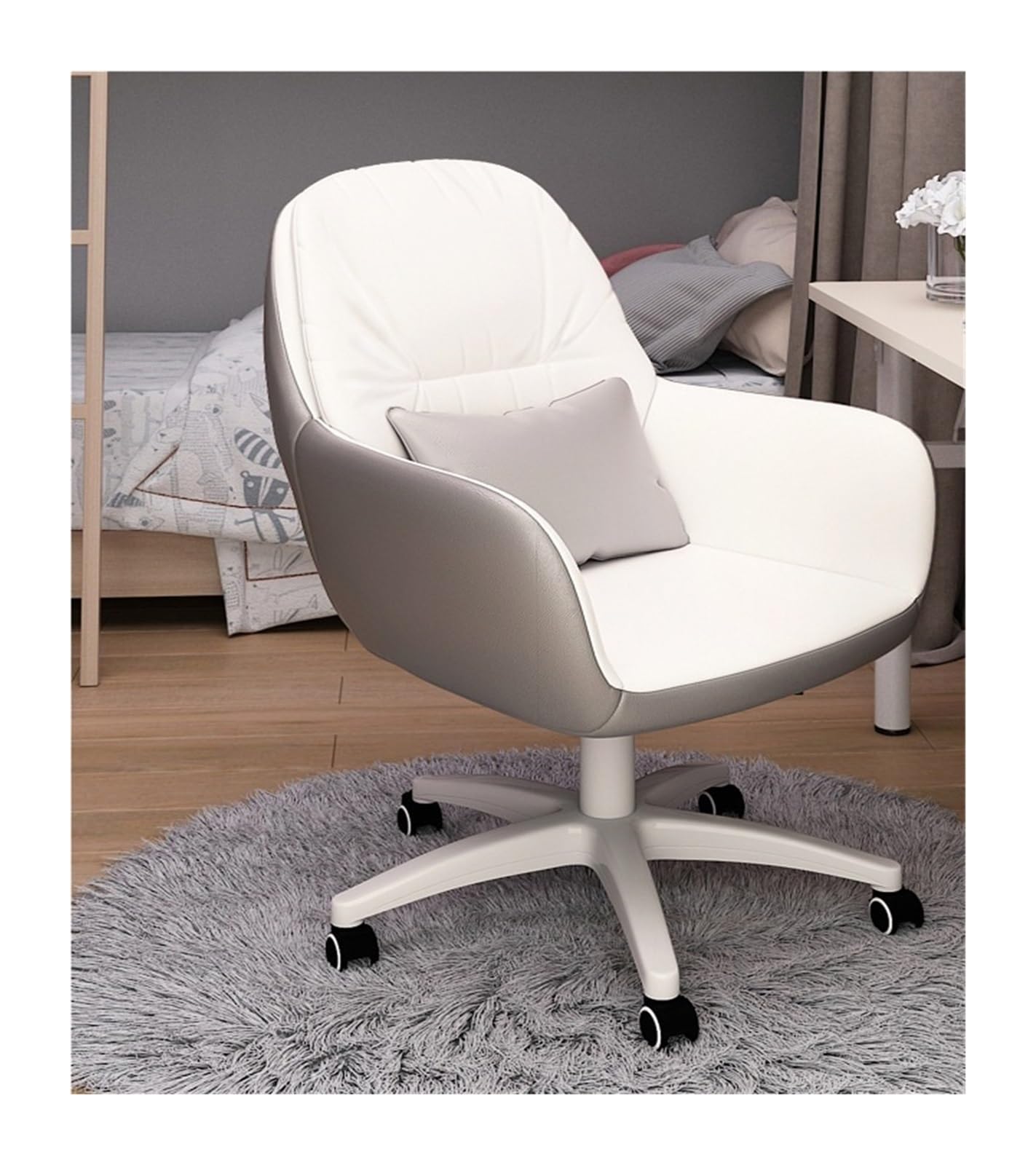 Home Office Desk Chairs, Swivel Chair Cute Leather Computer Office Dressing Table Chair for Women, Ergonomic Height Adjustable Swivel Chair (Color : Gray and Off-White)