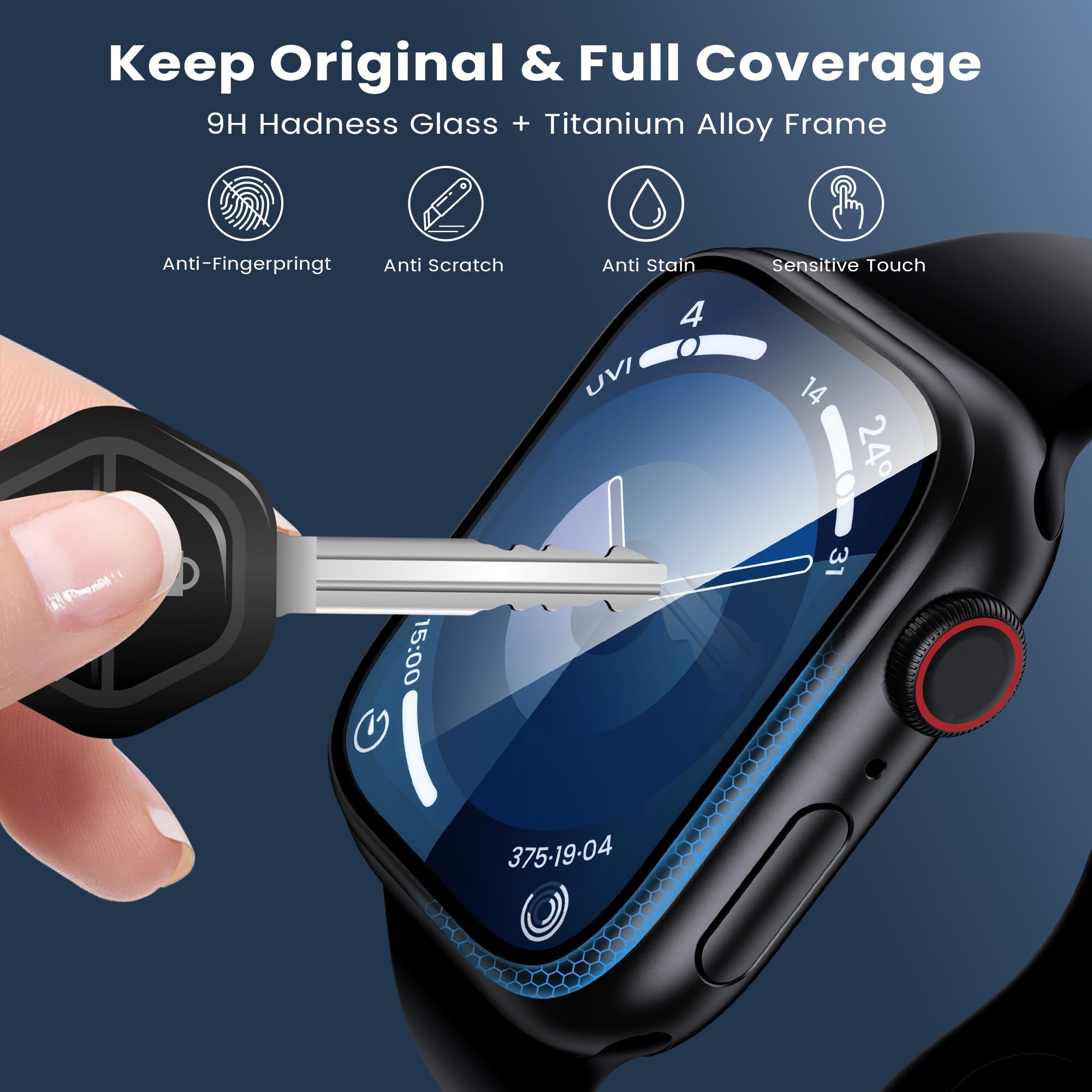 WSKEN for Apple Watch Screen Protector 45mm Series 9 8 7, Titanium Alloy Frame + 9H Tempered Glass, [Keep Original] [Touch Sensitive] Lightweight Protective Glass for iwatch 45mm 2 Pack,Black