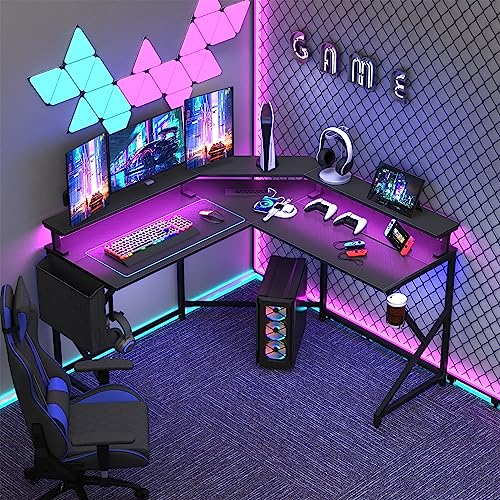 Wonder Comfort L Shaped 51 Inch Computer Desk with LED Lights，Corner Gaming Table Cup Holder Power Outlets/Monitor Stand for Home Office, Black