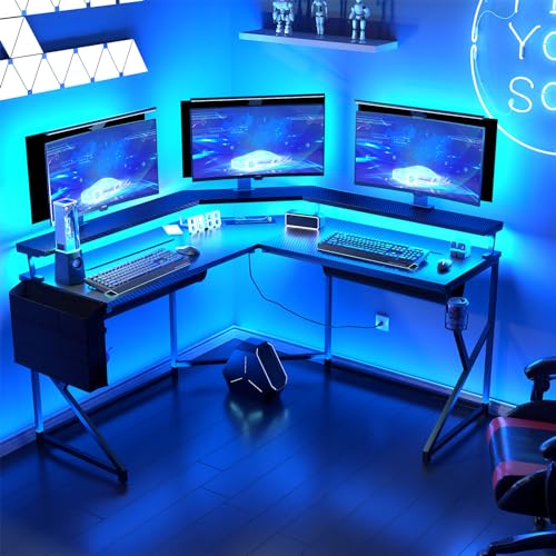 Wonder Comfort L Shaped 51 Inch Computer Desk with LED Lights，Corner Gaming Table Cup Holder Power Outlets/Monitor Stand for Home Office, Black