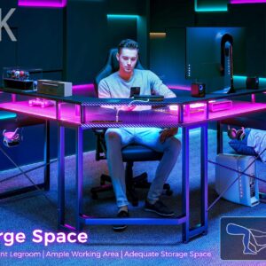 ODK L Shaped Gaming Desk with LED Lights & Power Outlets, 50.8" Computer Desk with Full Monitor Stand, Corner Desk with Cup Holder, Gaming Table with Hooks, Black Carbon Fiber