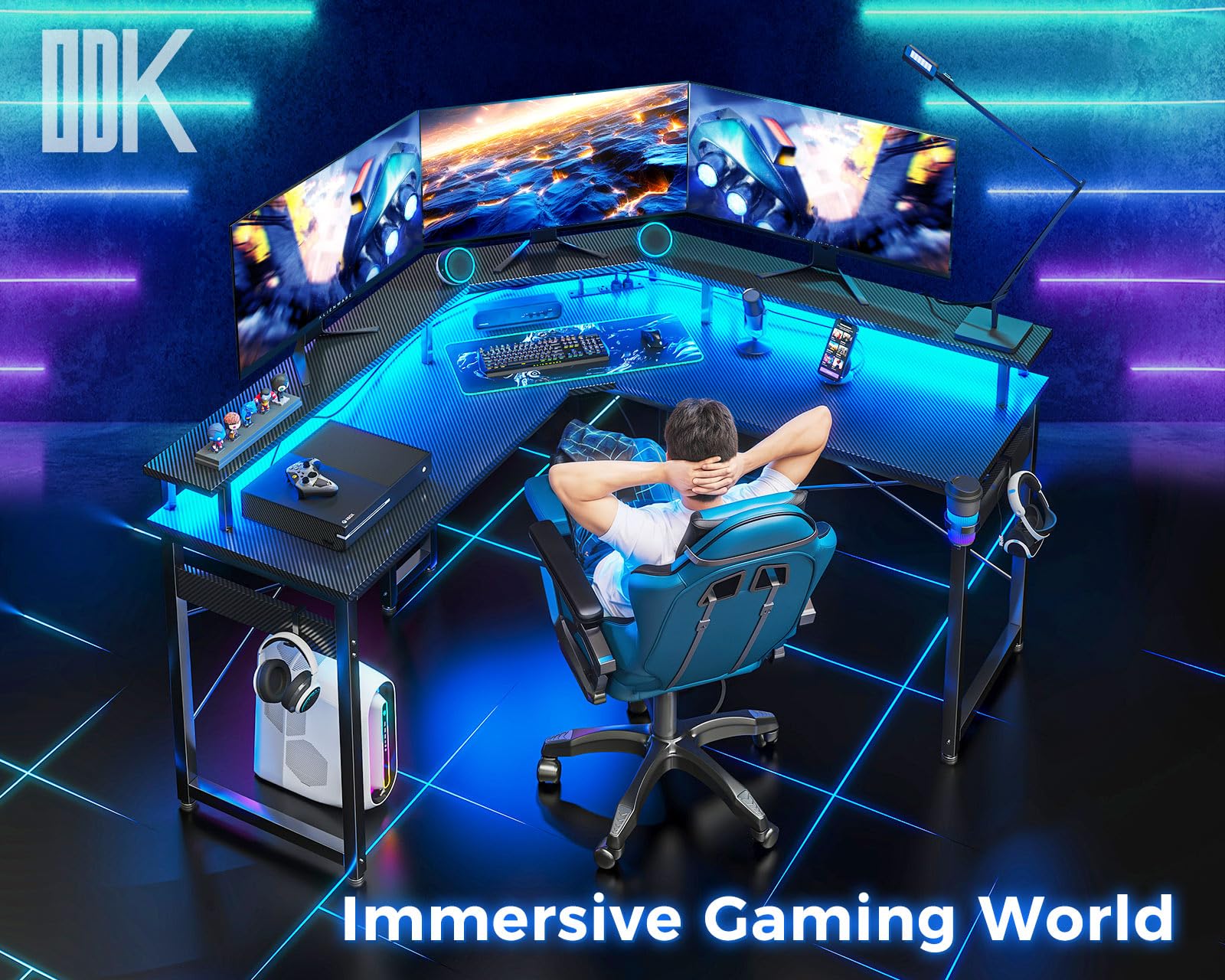 ODK L Shaped Gaming Desk with LED Lights & Power Outlets, 50.8" Computer Desk with Full Monitor Stand, Corner Desk with Cup Holder, Gaming Table with Hooks, Black Carbon Fiber