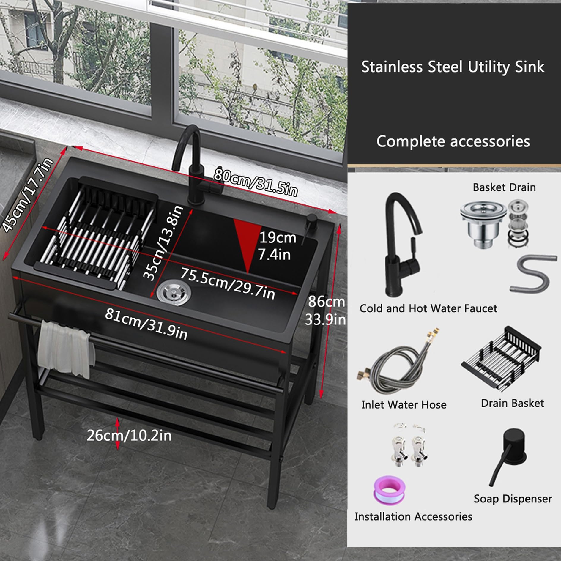 Utility Sinks Laundry Room Sink, Free standing 304 Stainless Steel Sink, Kitchen Sinks Cabinet for Washing Hands, with Faucet, Bracket and Drain Kit, for Garage Outdoor Indoor Kitchenette Basement ( S