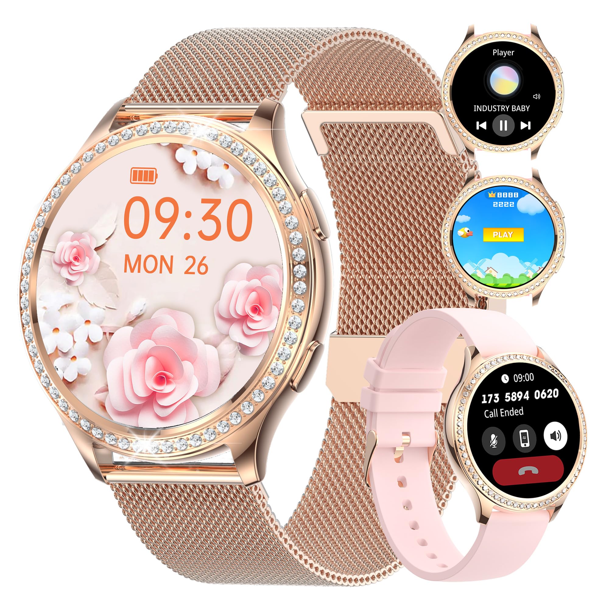 Dvtlfrj Fashion Diamond Smart Watch for Women 1.32" HD Touch Screen 100+ Sports Modes Fitness Tracker with Heart Rate iP67 Waterproof Smartwatch Compatible with Android iOS,53Rose Gold