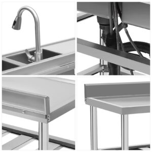 Kitchen Sink, Stainless Steel Double Bowl Utility Sink,Commercial Free Standing Dining Room Sink Kit, Prep & Utility Washing Hand Basin W/Workbench, For Laundry, Garage, Cafe Bar (47.2*17.7*31.8inch)