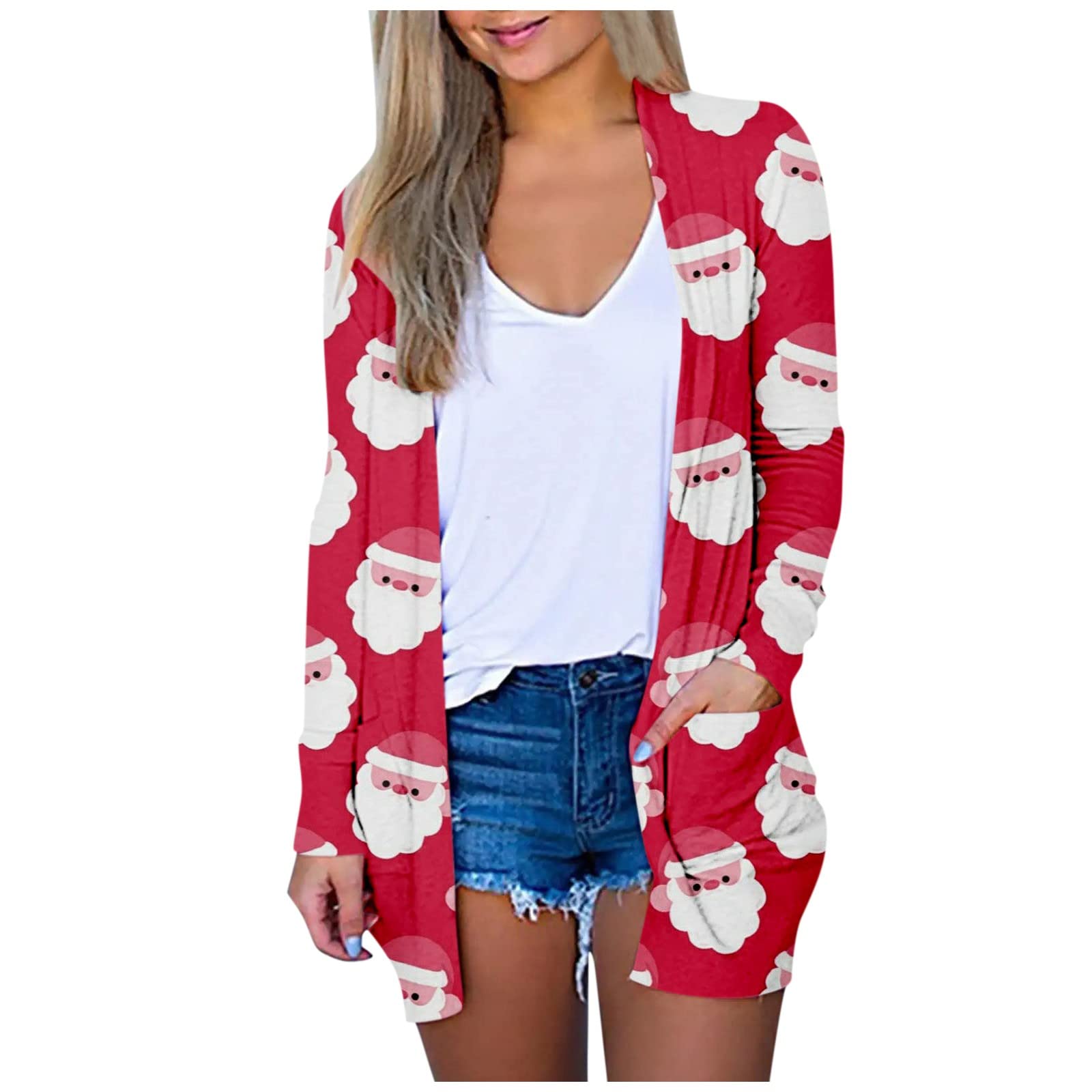 Womens Christmas Sweater Women's Christmas Cardigan Sweater Lightweight Knitting Open Front Coat Xmas Tree Elk Print Holiday Top Outwear Knitted Cardigan(AA-Red X-Large)