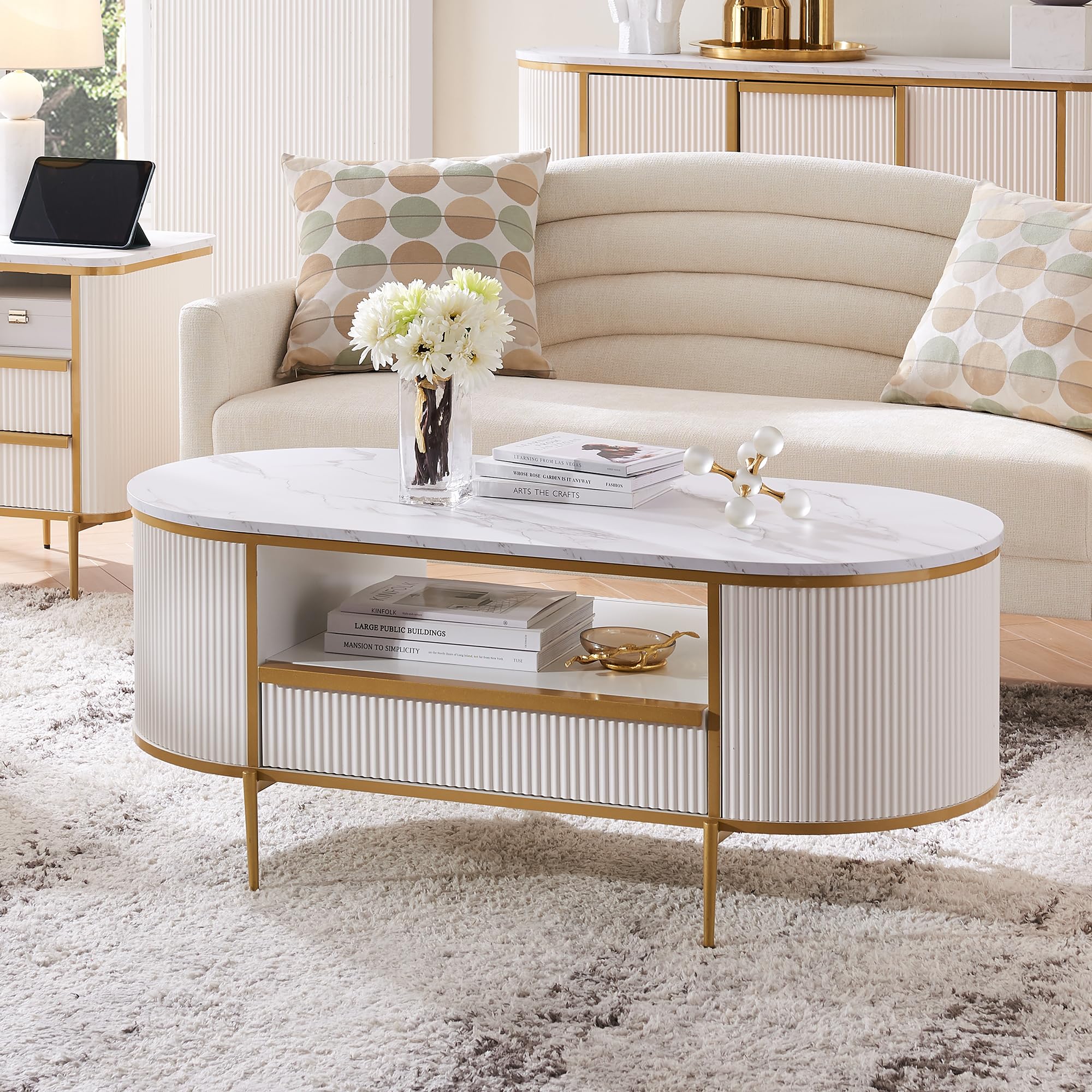 OKD Modern Luxury Fluted Coffee Table, 48" Oval Coffee Table with Drawer, Faux Marble Top, Curved Profile Design, Gold Metal Decor, Center Table for Living Room, Solid White