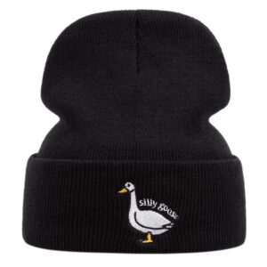 Silly Goose Beanie Hat Winter Warm Funny Goose Knitted Caps for Men Women Black