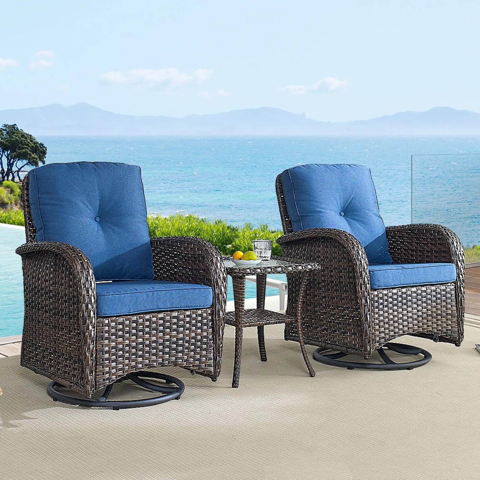 HUMMUH 5-Piece Patio Furniture Wicker Outdoor Conversation Set,All-Weather Rattan Swivel Chairs Bistro Set with Loveseat Coffee Table for Backyard,Poolside,Deck(Brown/Blue)