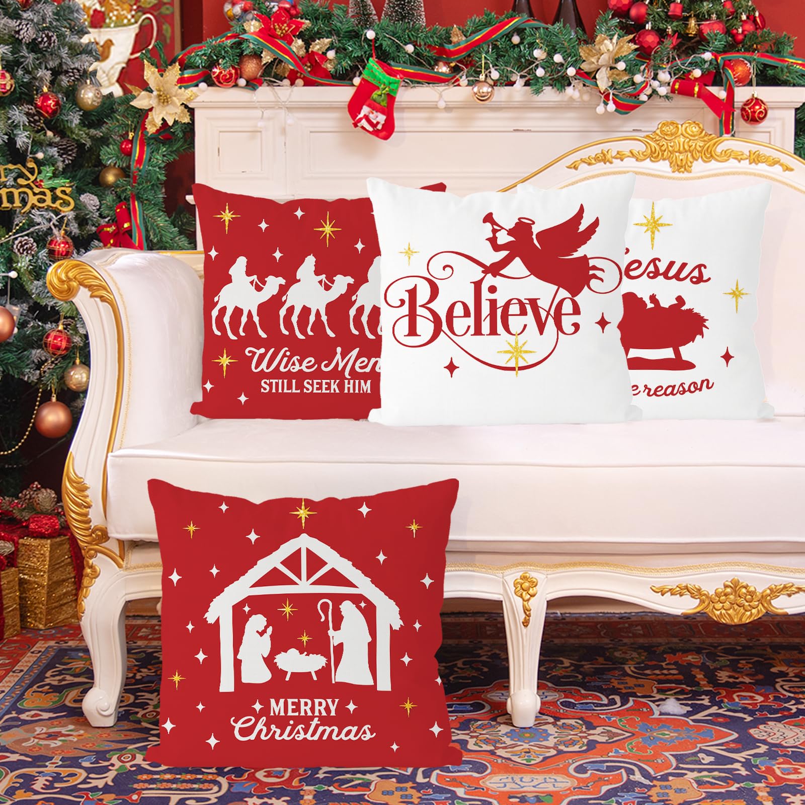 Christmas Pillow Covers 20x20 Inch Set of 4 Navitity Religious Throw Pillow Covers Red And White Christmas Xmas Winter Pillowcase Home Decor Living Room House Decorative Cushion Case for Sofa Couch