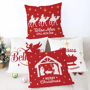 Christmas Pillow Covers 20x20 Inch Set of 4 Navitity Religious Throw Pillow Covers Red And White Christmas Xmas Winter Pillowcase Home Decor Living Room House Decorative Cushion Case for Sofa Couch