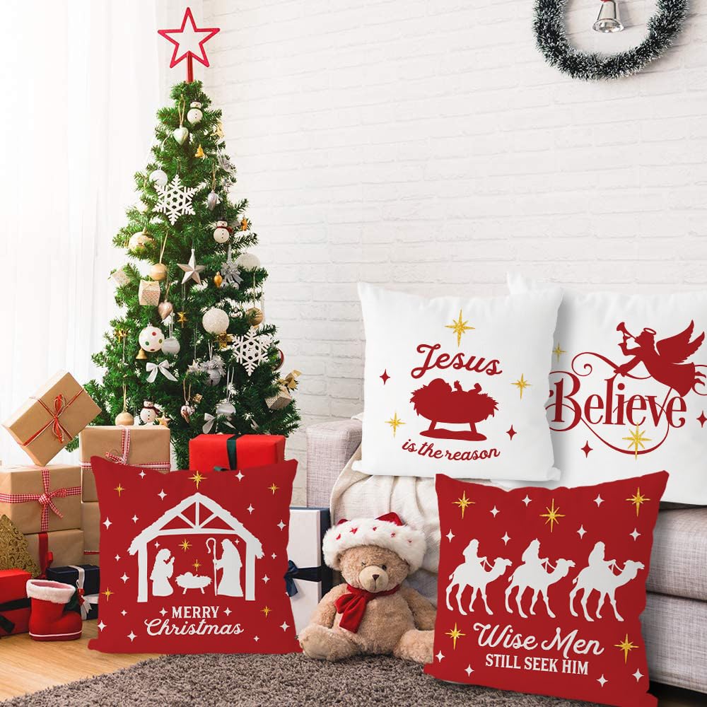 Christmas Pillow Covers 20x20 Inch Set of 4 Navitity Religious Throw Pillow Covers Red And White Christmas Xmas Winter Pillowcase Home Decor Living Room House Decorative Cushion Case for Sofa Couch