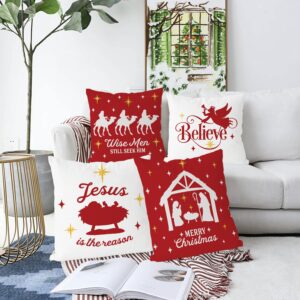 Christmas Pillow Covers 20x20 Inch Set of 4 Navitity Religious Throw Pillow Covers Red And White Christmas Xmas Winter Pillowcase Home Decor Living Room House Decorative Cushion Case for Sofa Couch