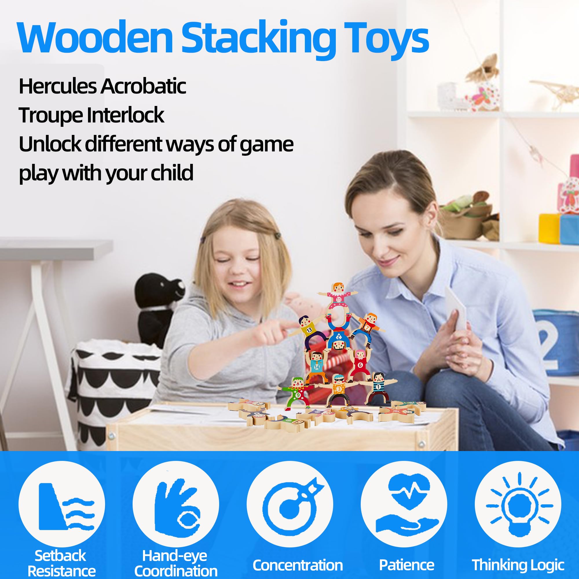 moopok 16Pcs Wooden Stacking Toys,Circus Hercules Acrobatic Troupe Toy, Balancing Building Blocks Game Toddler puzzle Toys,for 3 4 5 6 Years Kids Adults