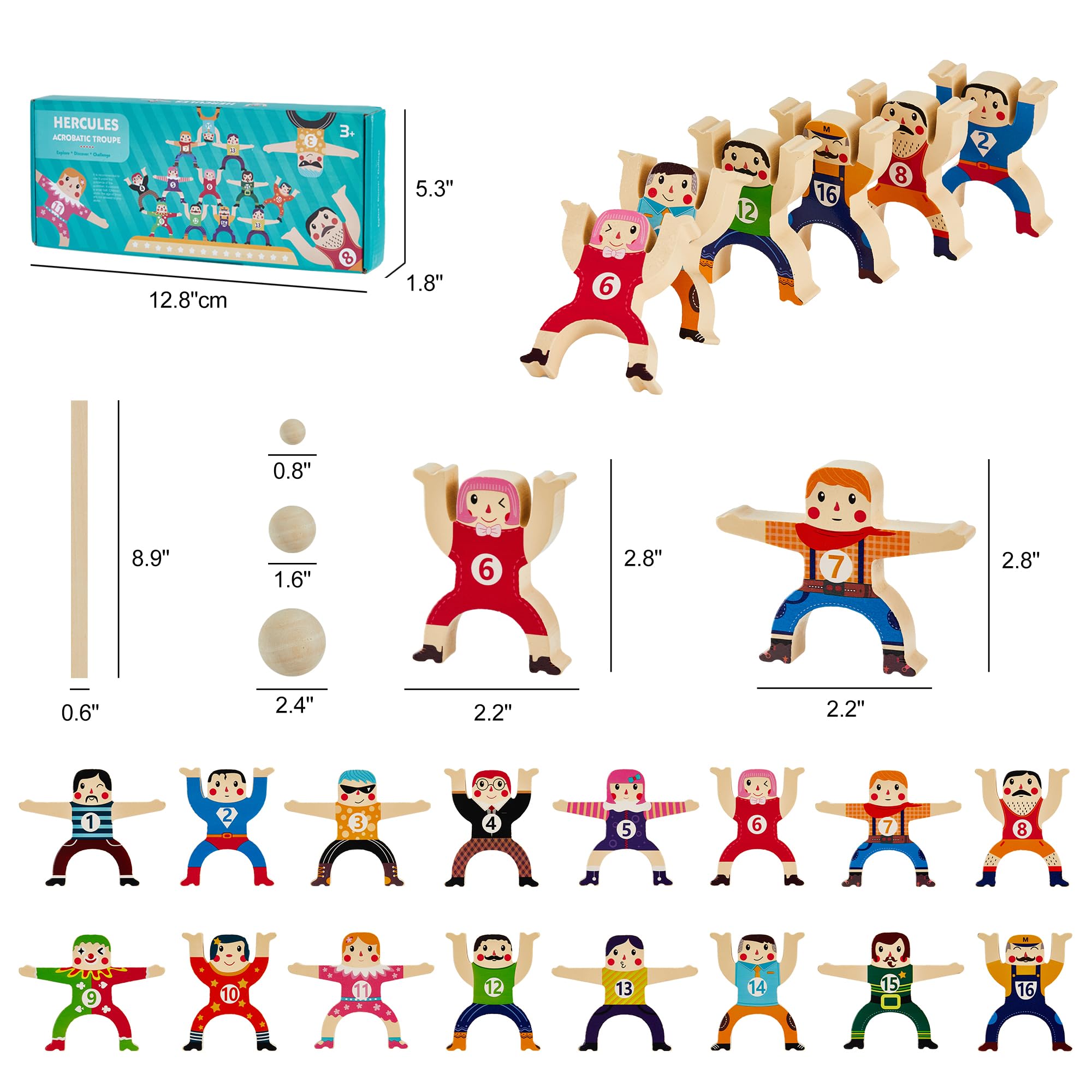 moopok 16Pcs Wooden Stacking Toys,Circus Hercules Acrobatic Troupe Toy, Balancing Building Blocks Game Toddler puzzle Toys,for 3 4 5 6 Years Kids Adults