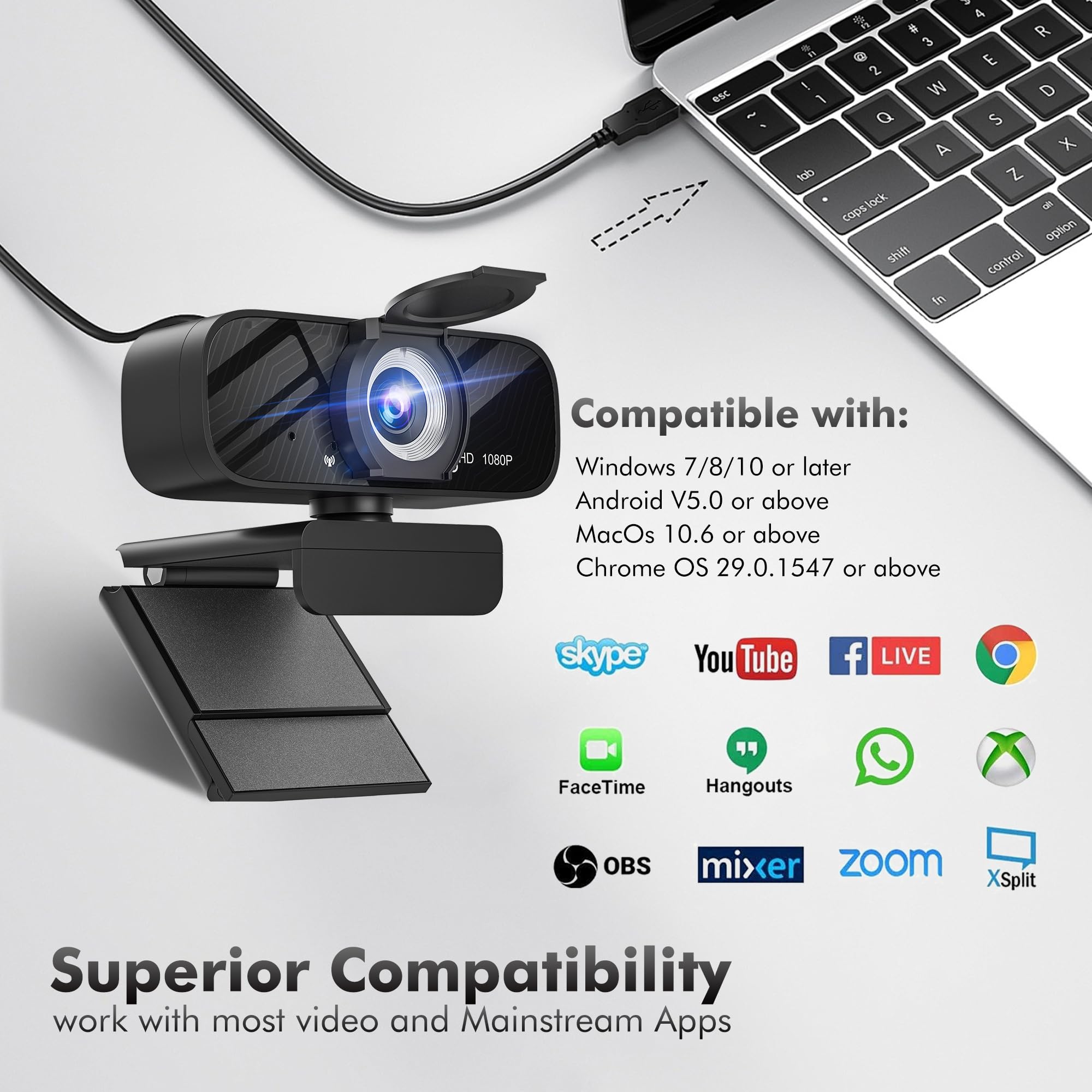 Full 1080p HD Camera wide angle camera, microphone and tripod stent USB PC network camera, with privacy shutter, for video calls, recording,meeting,streaming media,games, games,high -defined cameras