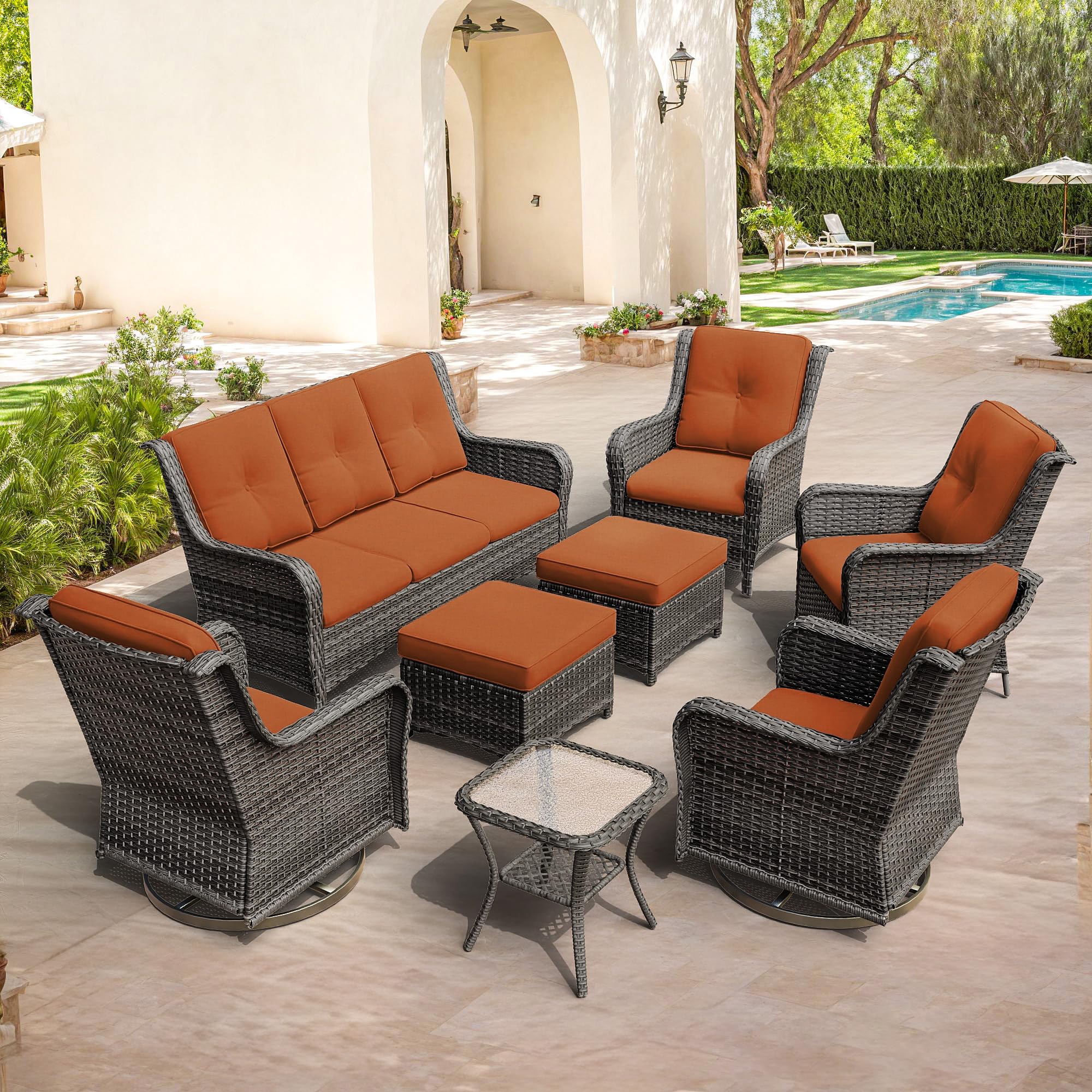 Gardenbee Wicker Patio Furniture Set 8-PCS with A 3-Seat Sofa, 2 Swivel Rocking Chairs, 2 Armchairs, 2 Ottomans and 1 Side Table Patio Conversation Set, Orange