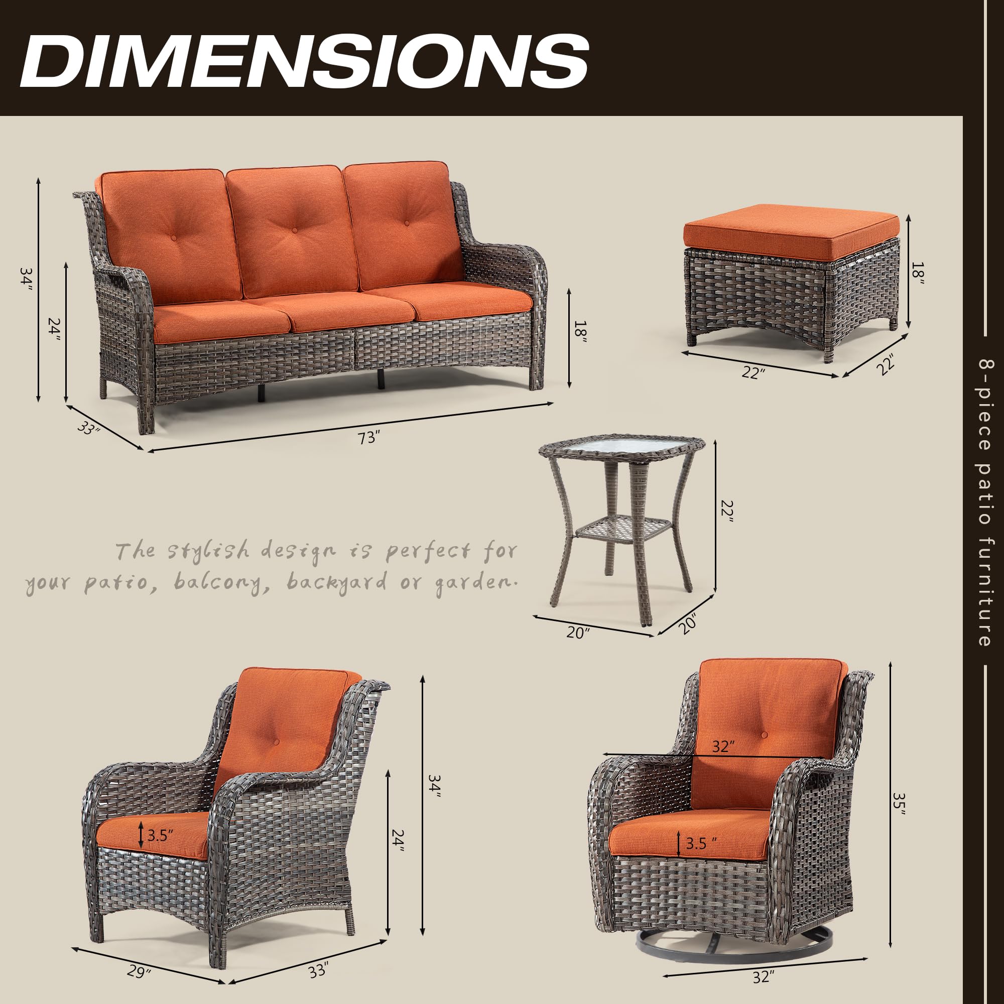 Gardenbee Wicker Patio Furniture Set 8-PCS with A 3-Seat Sofa, 2 Swivel Rocking Chairs, 2 Armchairs, 2 Ottomans and 1 Side Table Patio Conversation Set, Orange