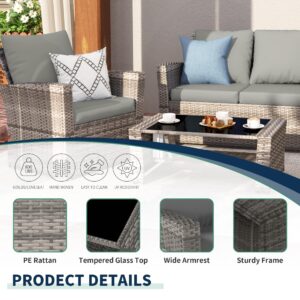 VONZOY Wicker Patio Furniture Set, 4 Piece Outdoor Sectional Conversation Sets, Gray PE Rattan Patio Sofa Set for Balcony, Porch, Backyard, Grey