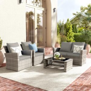 VONZOY Wicker Patio Furniture Set, 4 Piece Outdoor Sectional Conversation Sets, Gray PE Rattan Patio Sofa Set for Balcony, Porch, Backyard, Grey