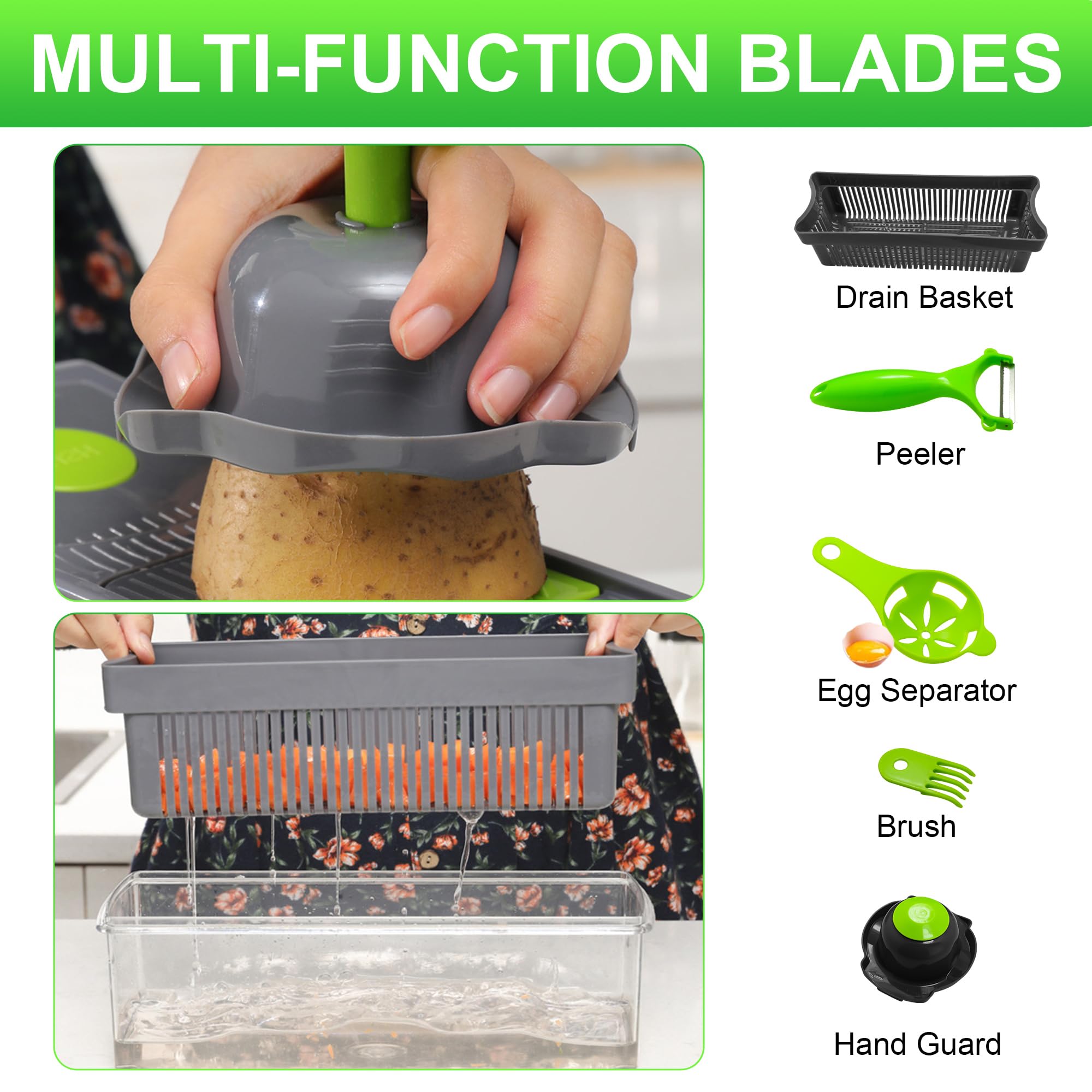 16 in 1 Mandoline Vegetable Food Chopper, Slicers and Vegetable Cutters, Multi Function Kitchen Veg Cutter for Onion Garlic Potato Salad, Veggie Chopper with Container and Draining Basket