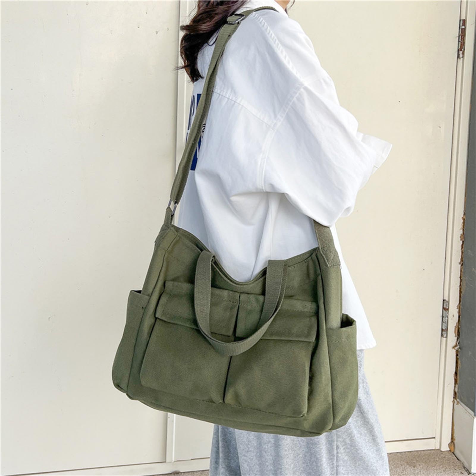 Canvas Messenger Bag Crossbody for Womens Men Shoulder Bag Large Multiple Pockets Canvas Bag Casual Satchel Bag Aesthetic (A-Green)