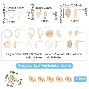 BENECREAT 8 Pairs 8 Style 18K Real Gold Plated Geometric Brass Stud, Round Triangles Stud Earring Findings with Loops and 20Pcs Plastic Ear Nuts for Earring Making, Pin: 0.8mm