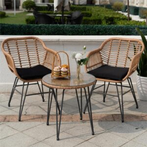 Tappio 3 Piece Outdoor Wicker Furniture Patio Bistro Set, Balcony Furniture Rattan Conversation Sets, Outdoor Patio Chairs Set for Porch Poolside Garden, Black