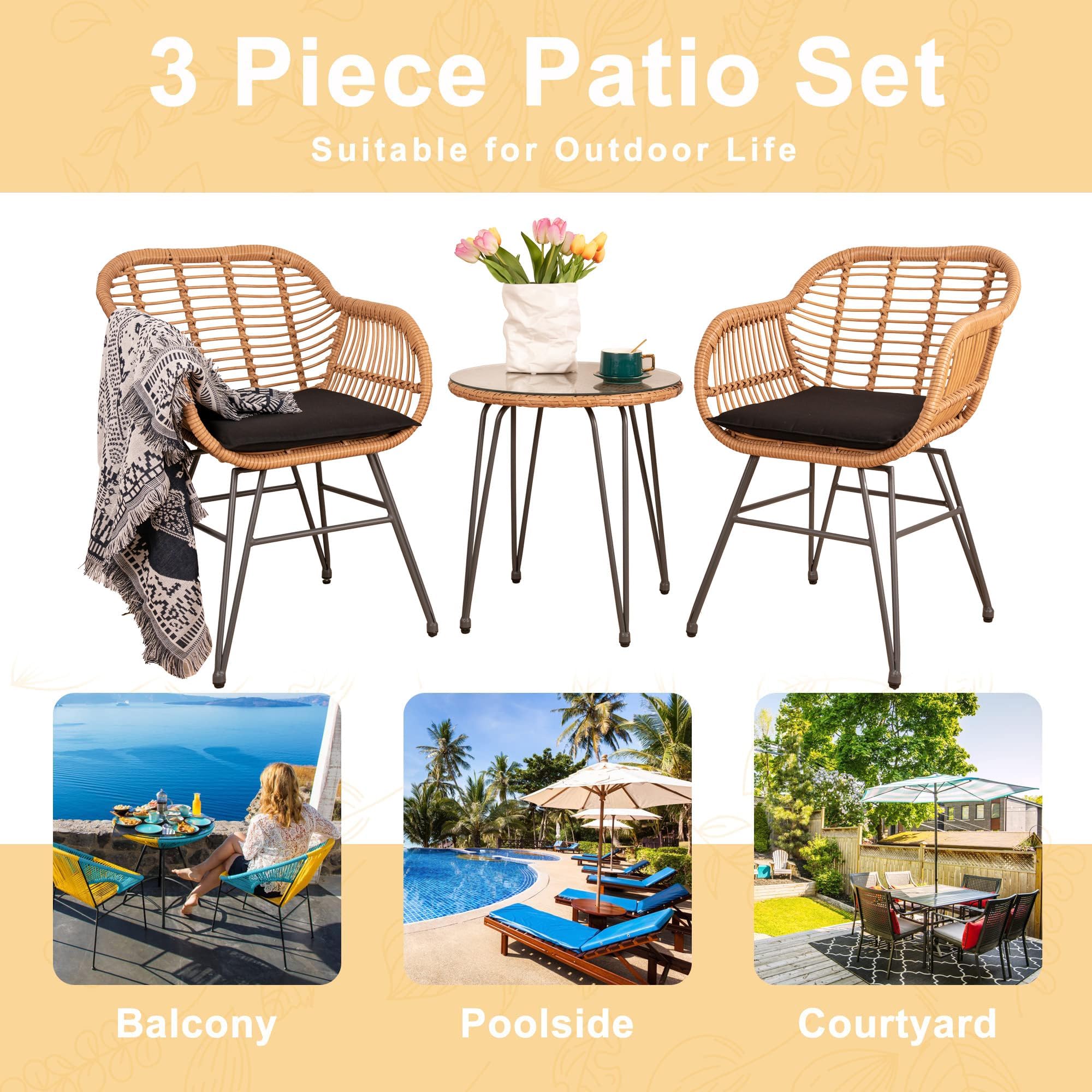 Tappio 3 Piece Outdoor Wicker Furniture Patio Bistro Set, Balcony Furniture Rattan Conversation Sets, Outdoor Patio Chairs Set for Porch Poolside Garden, Black