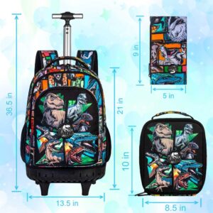 CCJPX 3PCS Rolling Backpack for Men, 21 Inch Water Resistant Dinosaur Backpacks with Roller Wheels, Wheeled Bookbag for Teens Boys Elementary School Travel