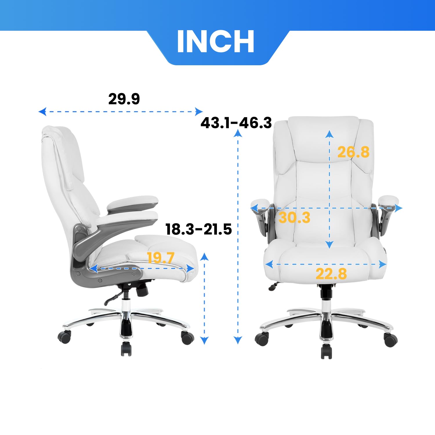 PayLessHere Big and Tall Office Chair 400lbs Adjustable Executive Leather Desk Chair with Armrest Computer Desk Chair Rolling Swivel Computer Pu Leather Chair for Heavy People,White