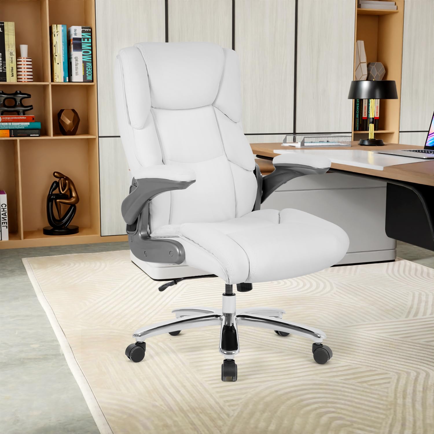 PayLessHere Big and Tall Office Chair 400lbs Adjustable Executive Leather Desk Chair with Armrest Computer Desk Chair Rolling Swivel Computer Pu Leather Chair for Heavy People,White