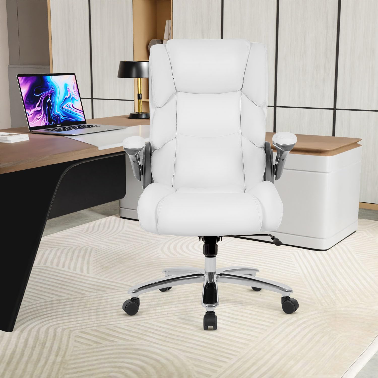 PayLessHere Big and Tall Office Chair 400lbs Adjustable Executive Leather Desk Chair with Armrest Computer Desk Chair Rolling Swivel Computer Pu Leather Chair for Heavy People,White