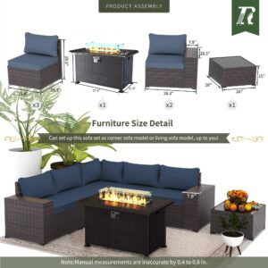 RTDTD Outdoor Patio Furniture Set with Propane Fire Pit Table, 7 Pcs Outdoor Furniture Patio Sectional Sofas Conversation Sets w/ETL Approved 43" Gas Outdoor Fire Table & Coffee Table (Dark Blue)