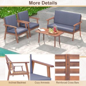 Tangkula 4 Piece Outdoor Conversation Set, Acacia Wood Sofa Set with Soft Seat & Back Cushions, Rectangle Coffee Table Patio Wood Furniture Set for Backyard, Poolside, Garden (1, Gray)