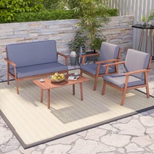 Tangkula 4 Piece Outdoor Conversation Set, Acacia Wood Sofa Set with Soft Seat & Back Cushions, Rectangle Coffee Table Patio Wood Furniture Set for Backyard, Poolside, Garden (1, Gray)