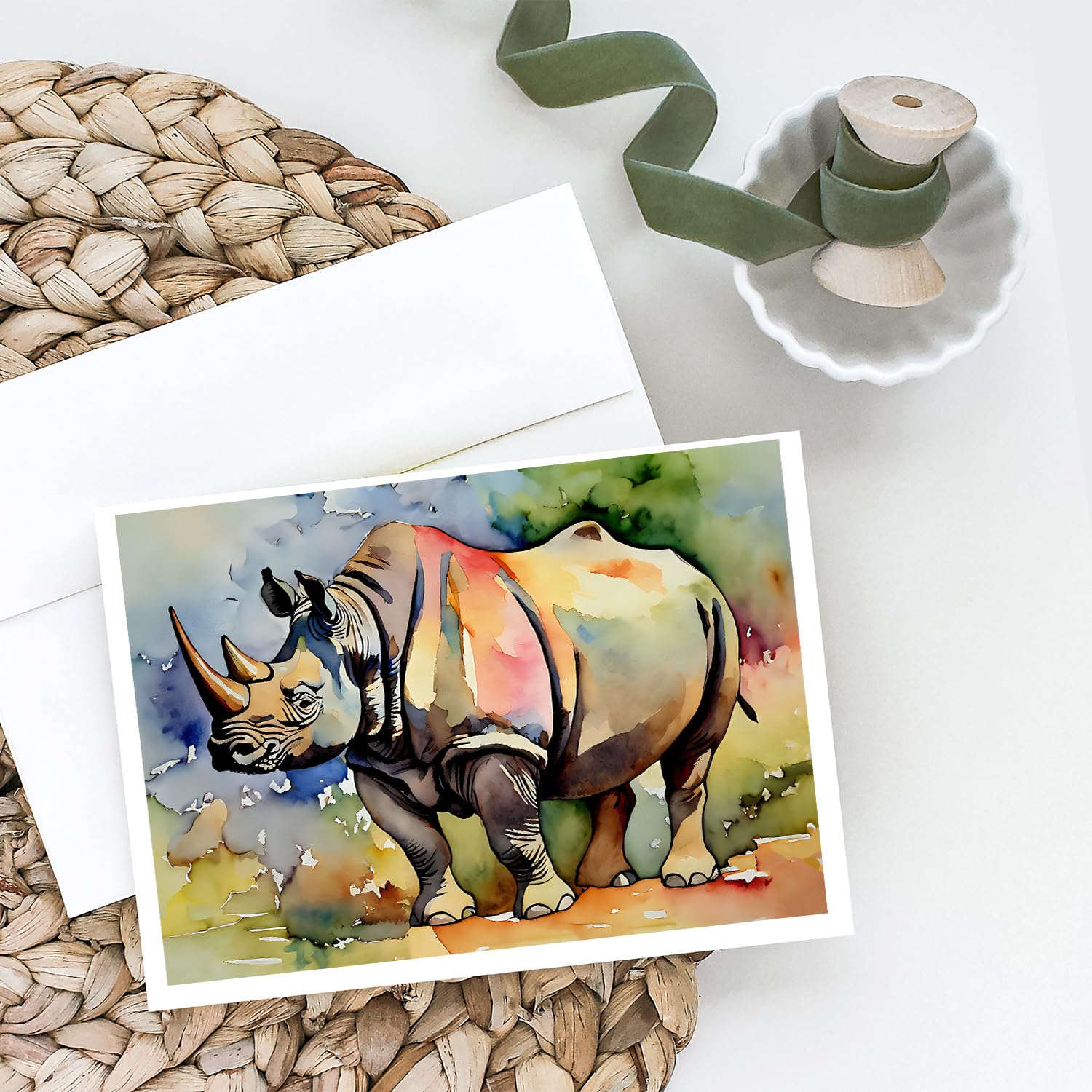 Caroline's Treasures DAC2985GCA7P Rhinoceros Greeting Cards Pack of 8 Blank Cards with Envelopes Whimsical A7 Size 5x7 Blank Note Cards