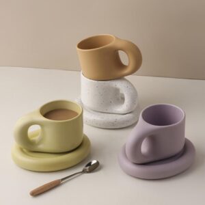 KASI & Co Ceramic Coffee Mug & Saucer Set, Aesthetic Mug with Handle for Office and Home, Microwave Safe for Tea and Espresso Drinks, 8.5 oz for Latte Tea (Yellow)